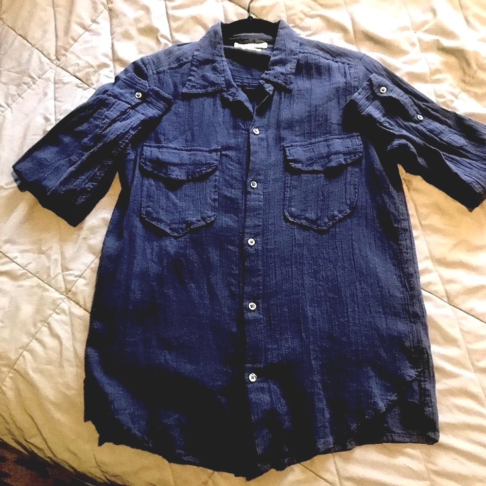 Golden by Tna crinkle cotton button-down in navy linen